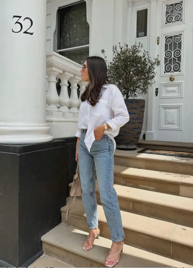 mom jeans with button down shirt outfit