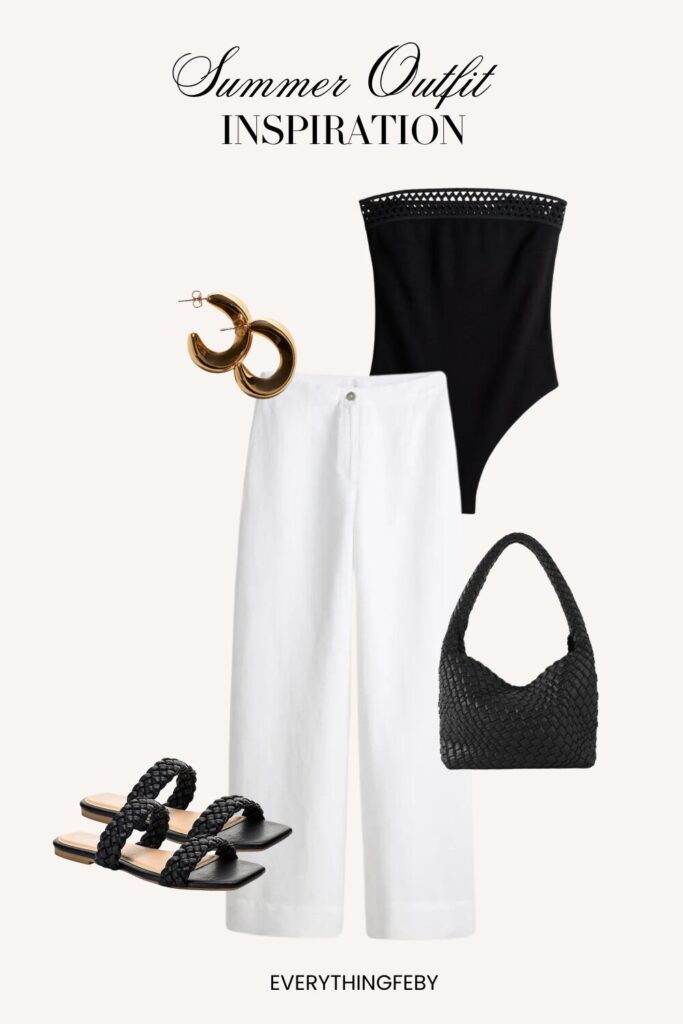 4. Lace Trimmed Bodysuit + White Linen Pants + Braided Sandals + Woven Bag + Hoop Earrings + Summer Outfit