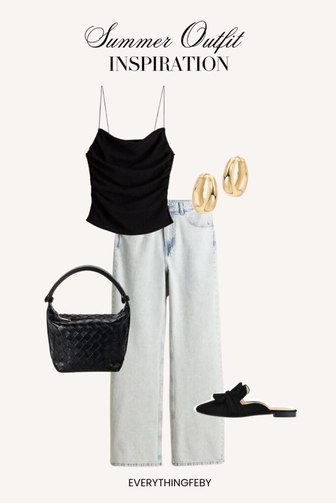 9. Black Camisole + High Waist Jeans + Woven Bag + Mules Sandals + Hoop Earrings + Summer Look