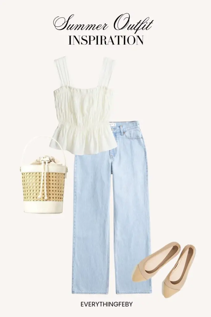 7.  White Crinkle Top + Hight Waist Jeans + Woven Bag + Ballet Flats + Summer Look