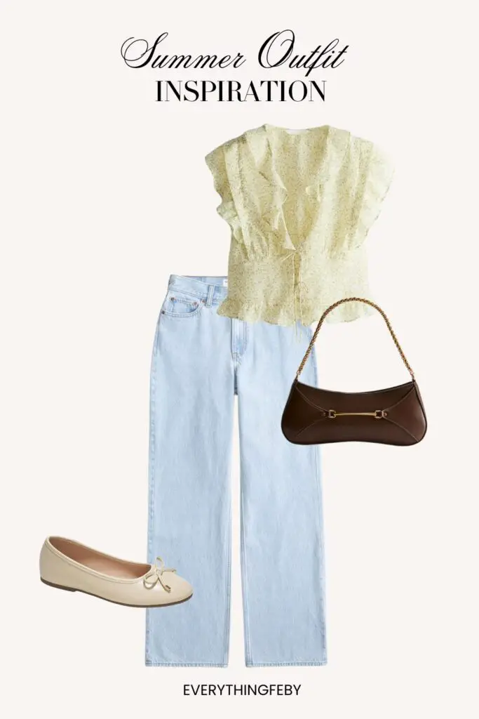 5. Ruffle Blouse + Hight Waist Jeans + Ballet Flats + Shoulder Bag + Summer Outfit