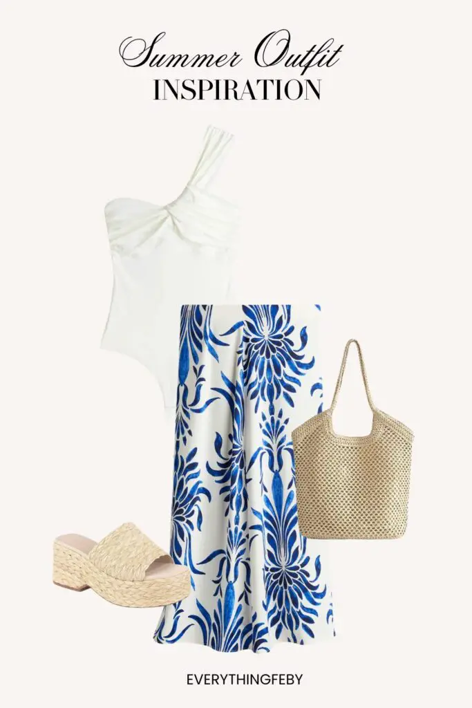 10. One Shoulder Bodysuit + Floral Long Skirt + Woven Bag + Rattan Platform Sandals