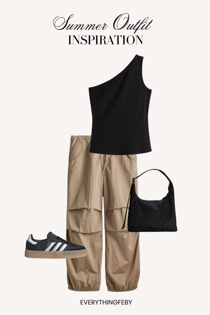 11. One Shoulder Top + Parachute Pants + Samba Shoes + Shoulder Bag  + Summer Look