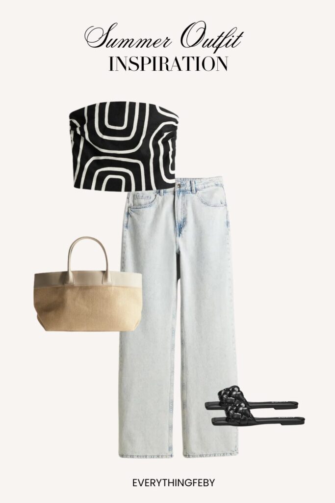 12. Pattern Tube Top + High Waist Jeans + Shopper Bag + Braided Flat Sandals