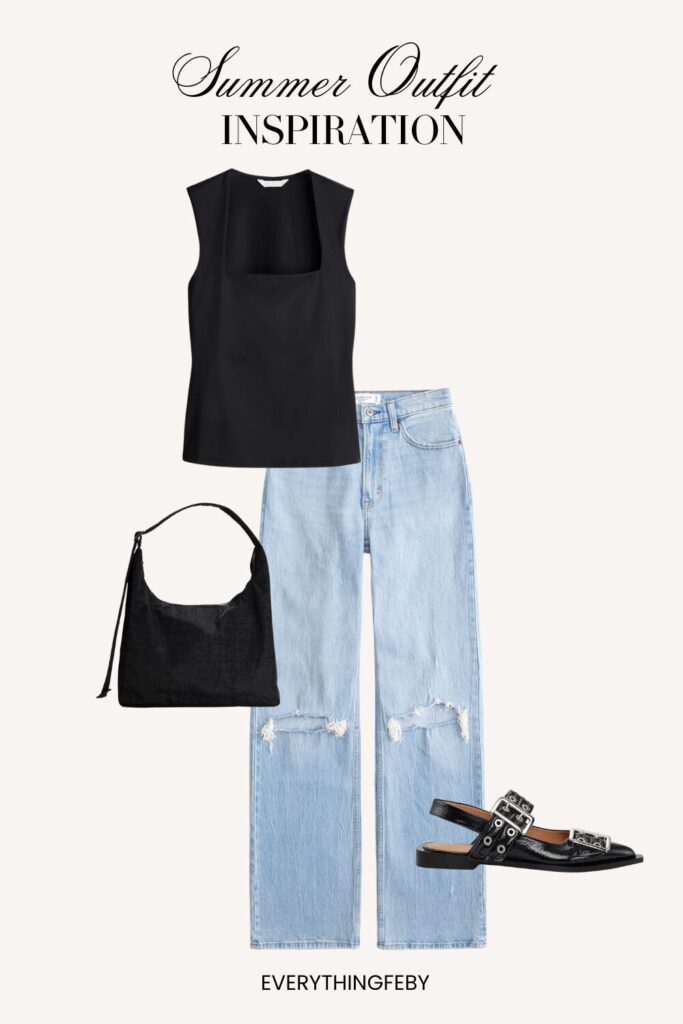 3. Square Neck Top + Ripped High Waist Jeans + Shoulder Bag + Buckled Flats + Summer Outfit