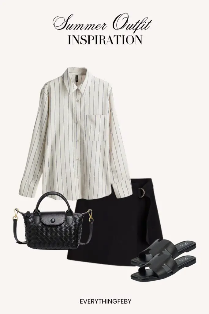 6. Striped Linen Shirt + Black Skort + Crossbody Bag + Flat Sandals + Summer Outfit