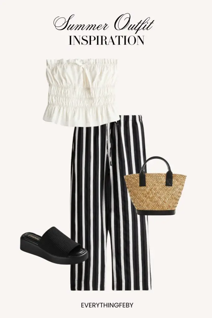 2. White Crinkle Top + Black Striped Linen Pants + Rattan Bag + Platform Sandals Summer Outfit