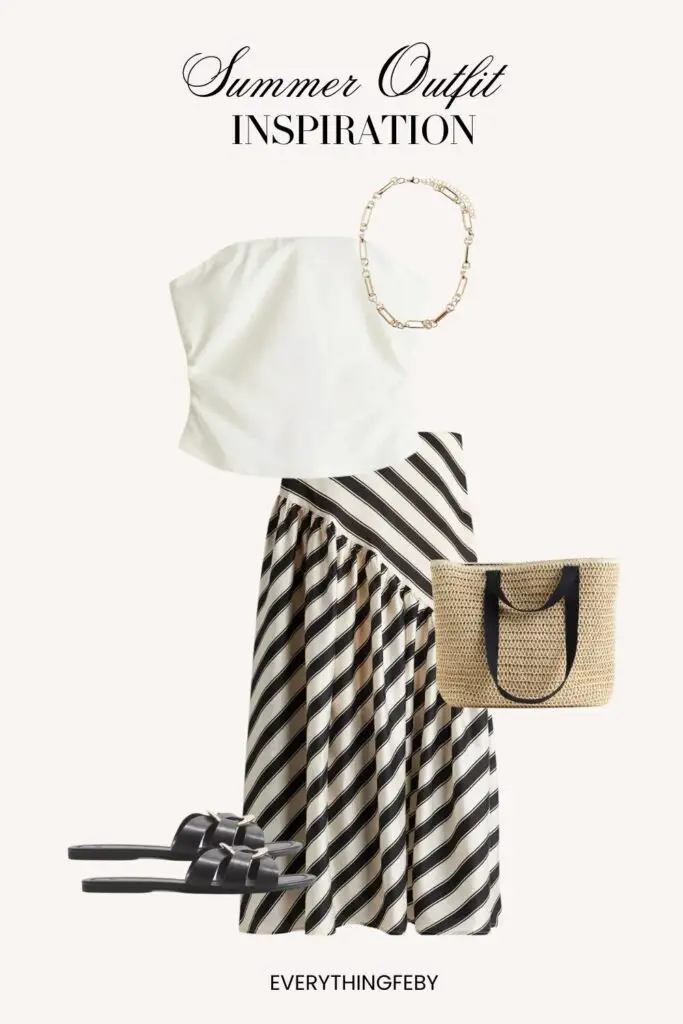 White Tube Top + Striped Long Skirt + Flats Sandals + Rattan Bag + Chain Necklace Summer Outfit