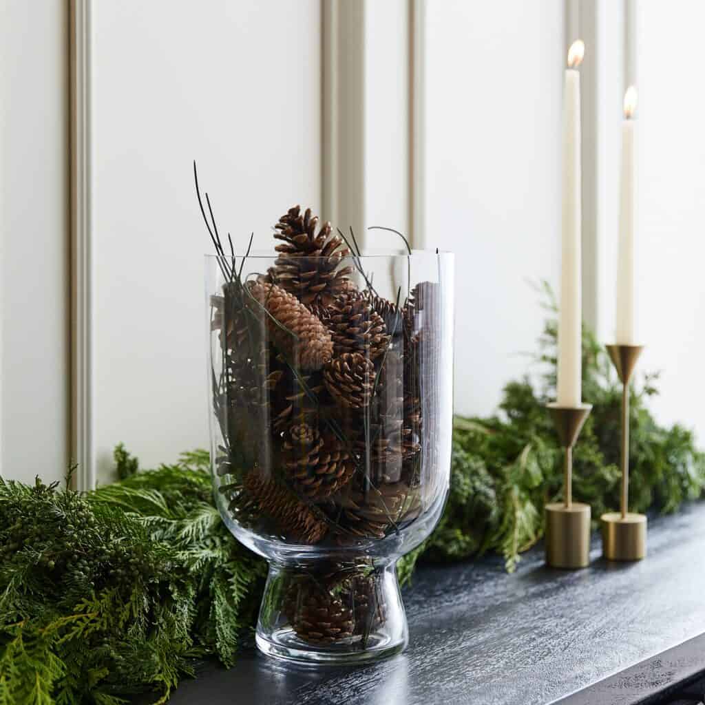 budget fall decor with pinecone filler for clear vase